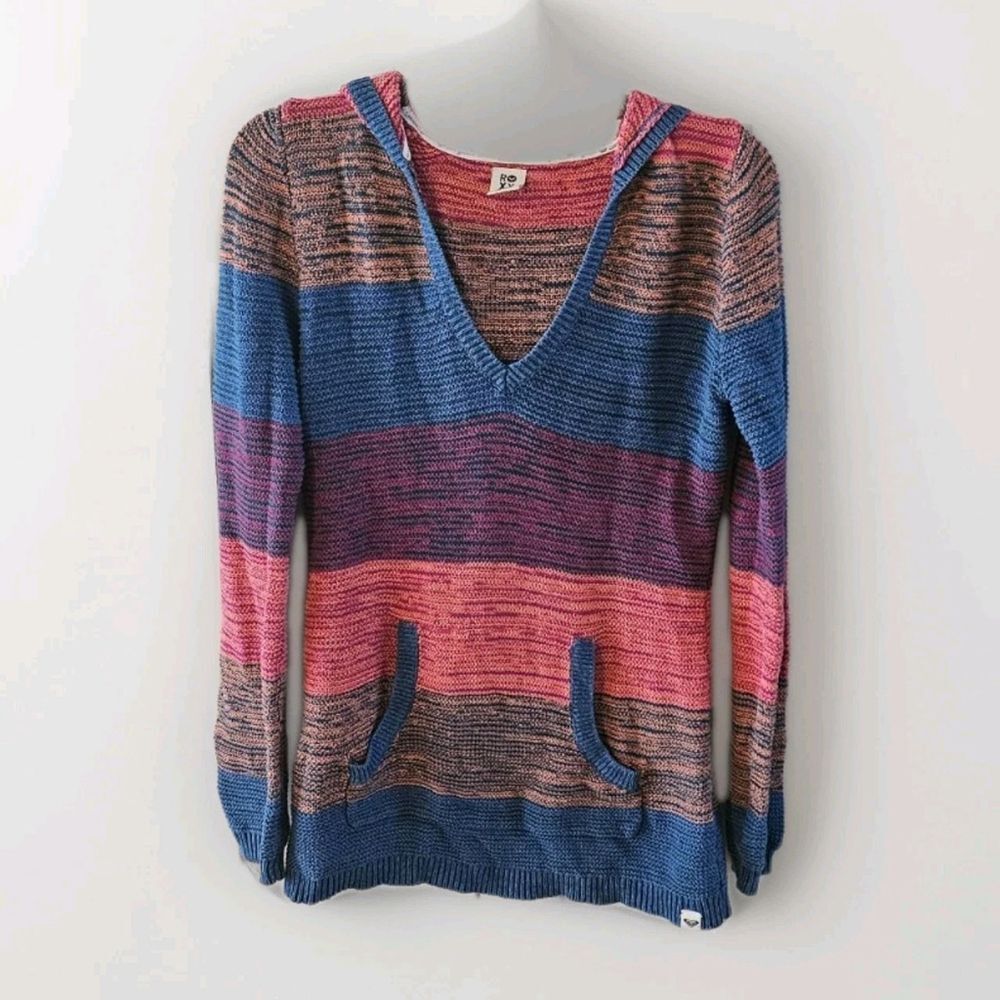 ROXY Women's Size M Comfy Yuma Sweater Hoodie Blue Pink Multi Knit Pullover